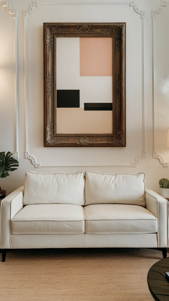 Decorated wall behind couch