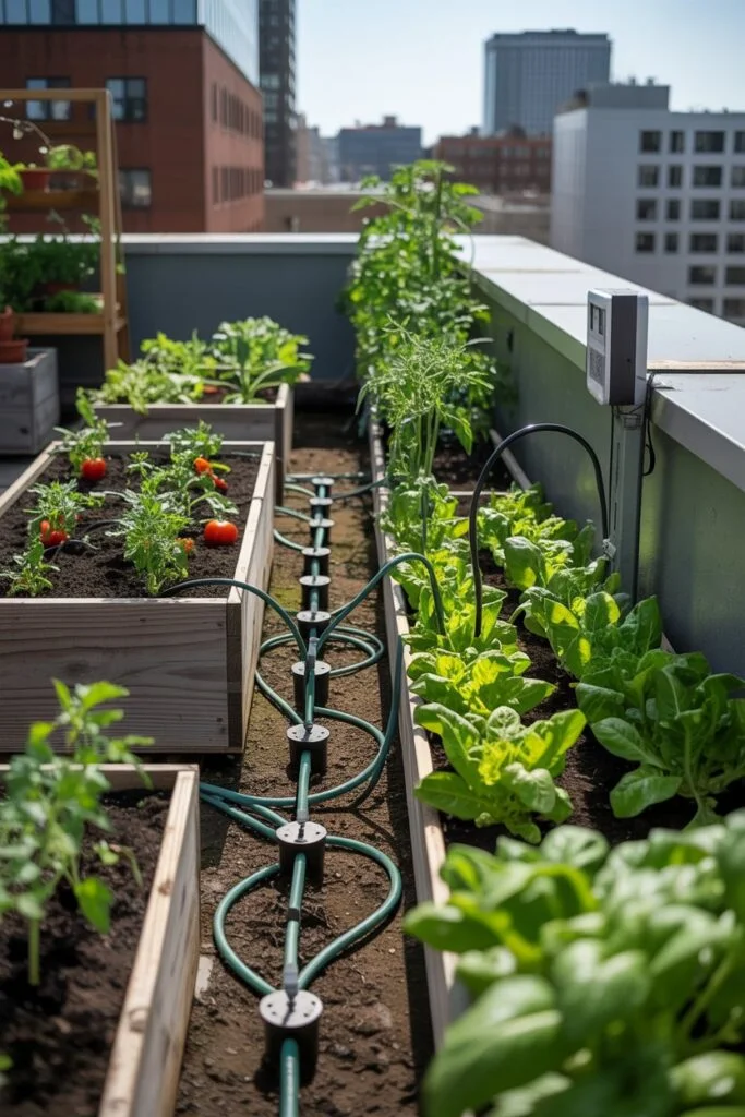Drip irrigation system on rooftop garden