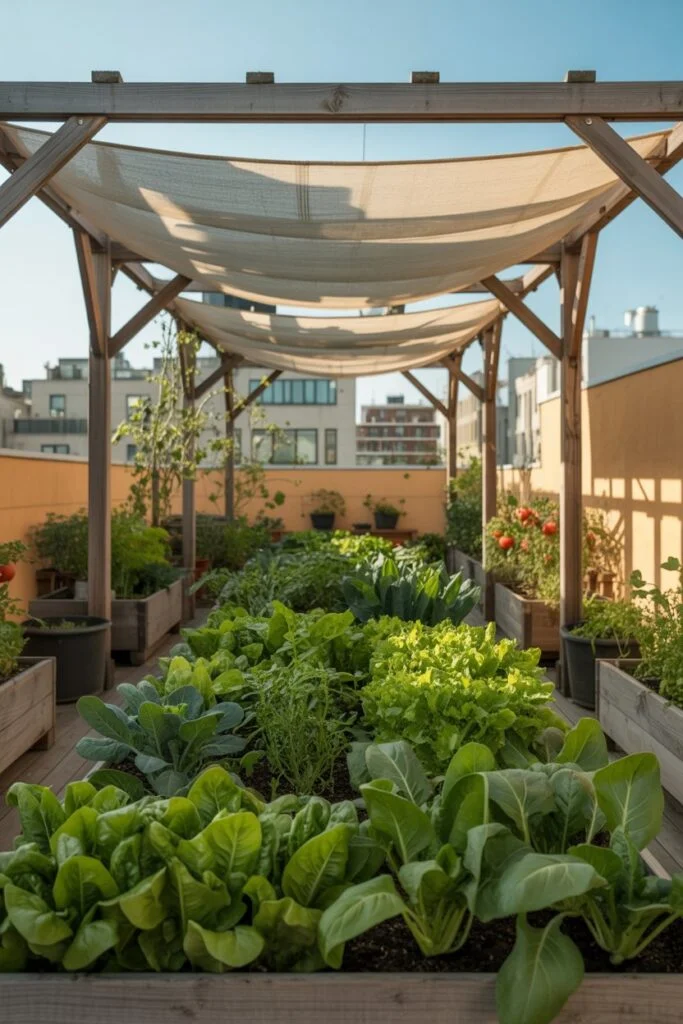 Pergola with shade cloth on rooftop garden
