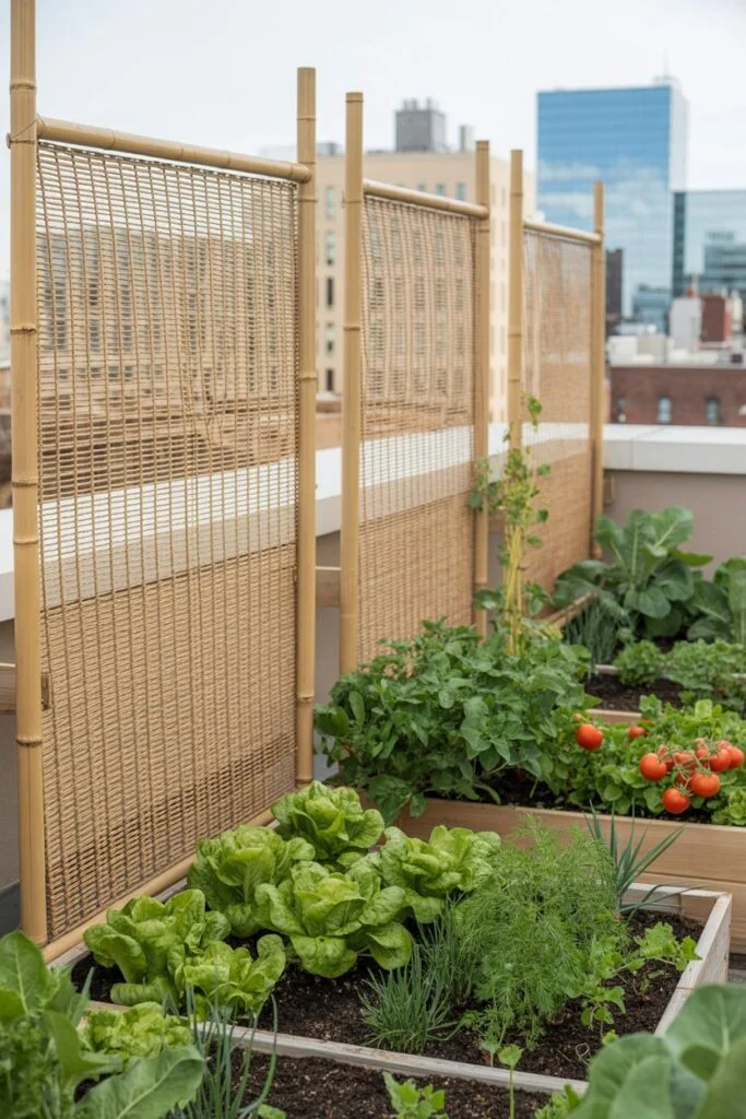 Wind barriers on rooftop garden
