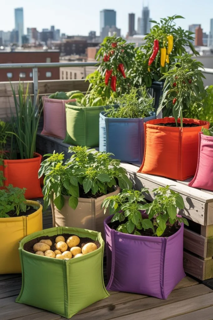 Fabric grow bags on rooftop
