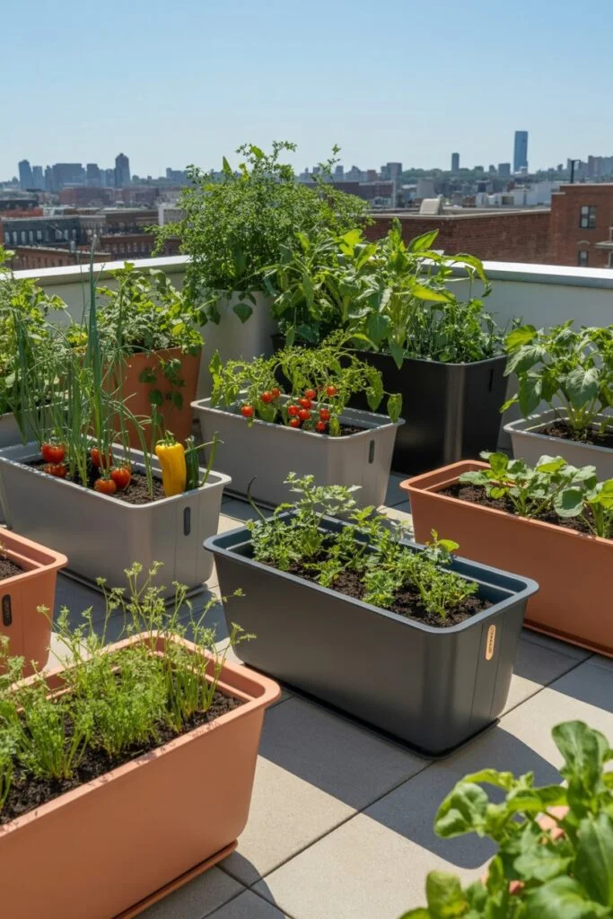 Self-watering container on rooftop