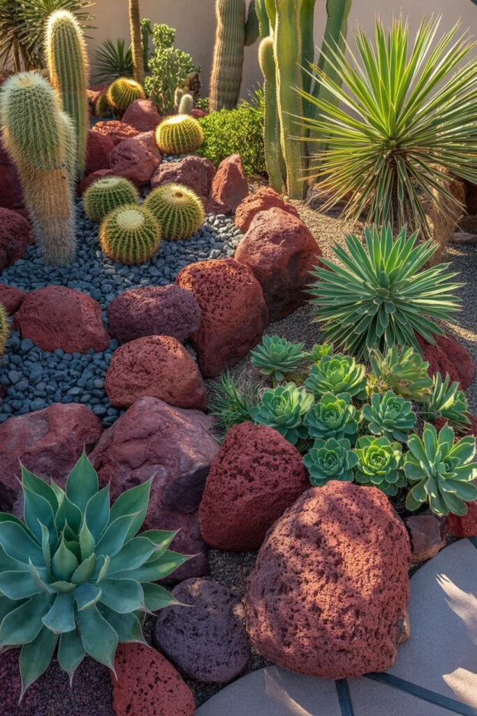 Desert garden with cacti and red lava rocks