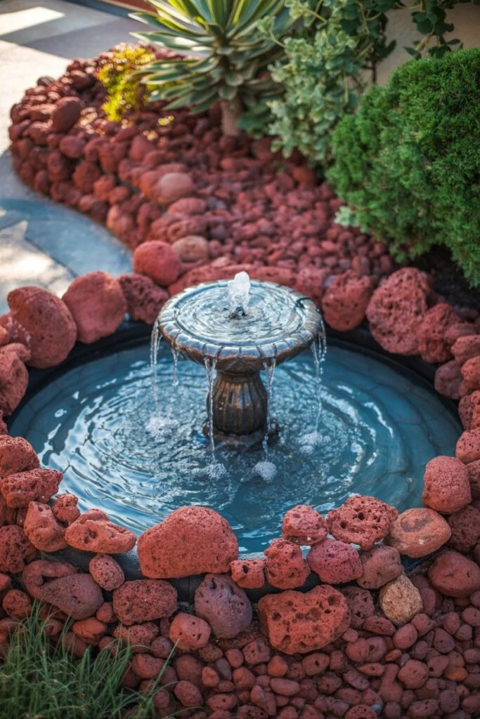 Water fountain surrounded by red lava rocks
