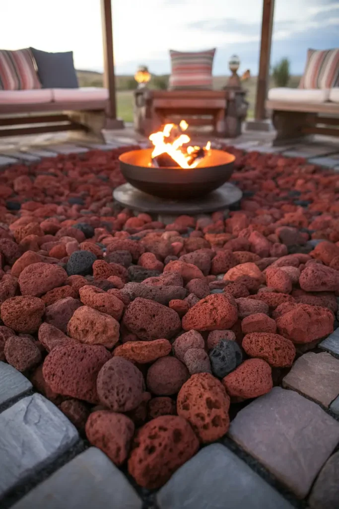 Fire pit seating area with red lava rocks