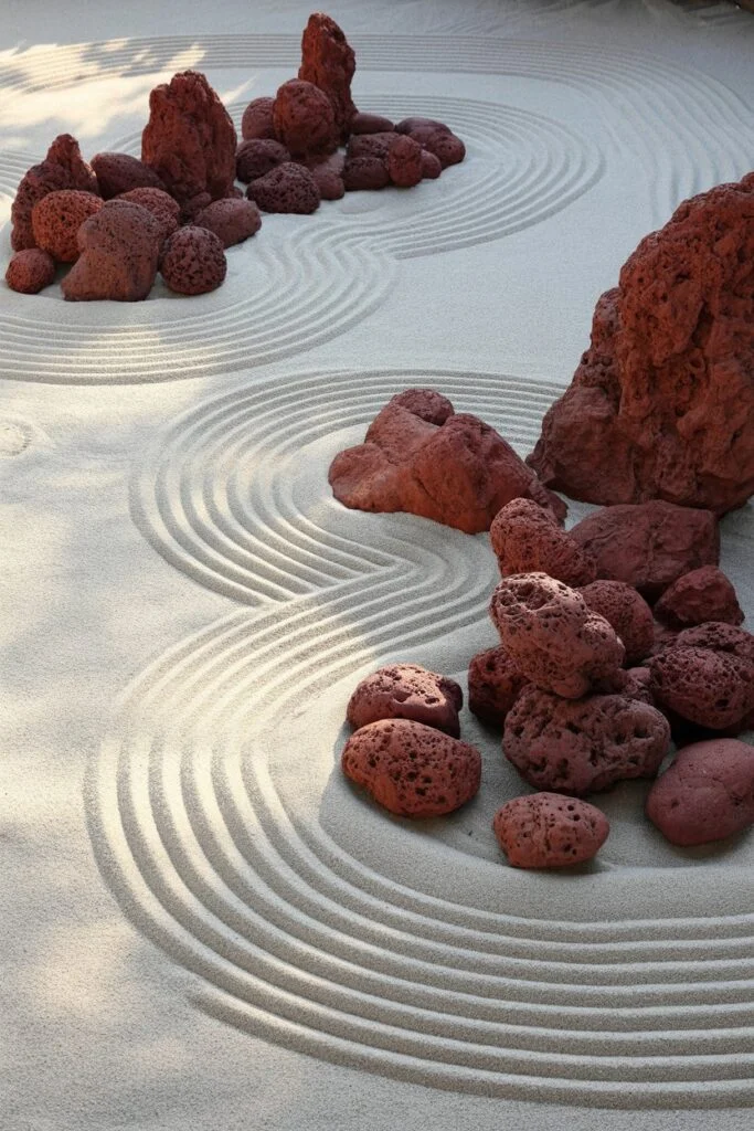 Japanese Zen garden with red lava rocks