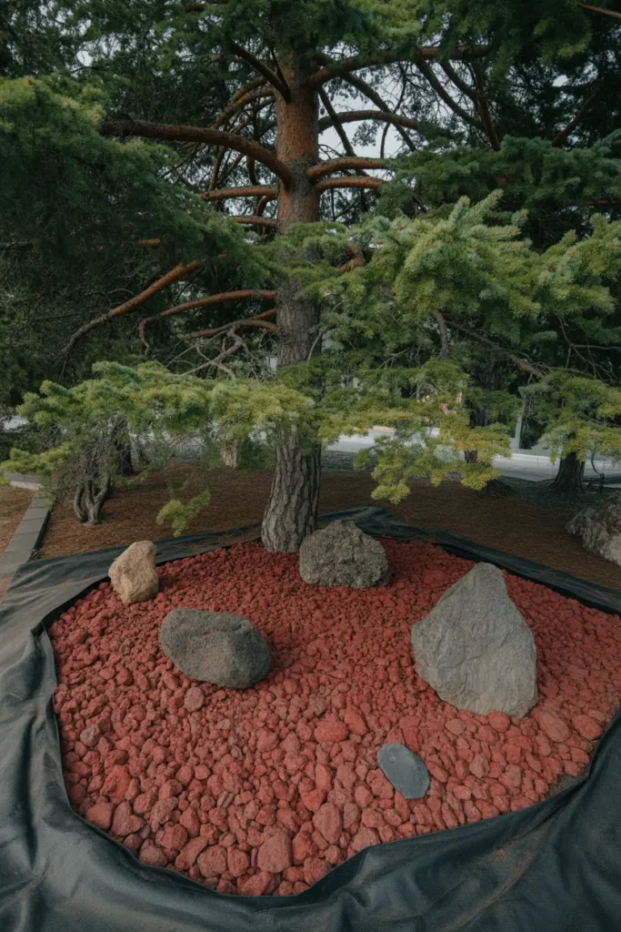 Red lava rocks covering a dry shady patch