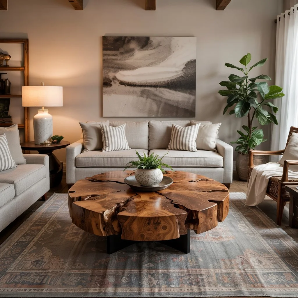 Burl wood coffee table in living room