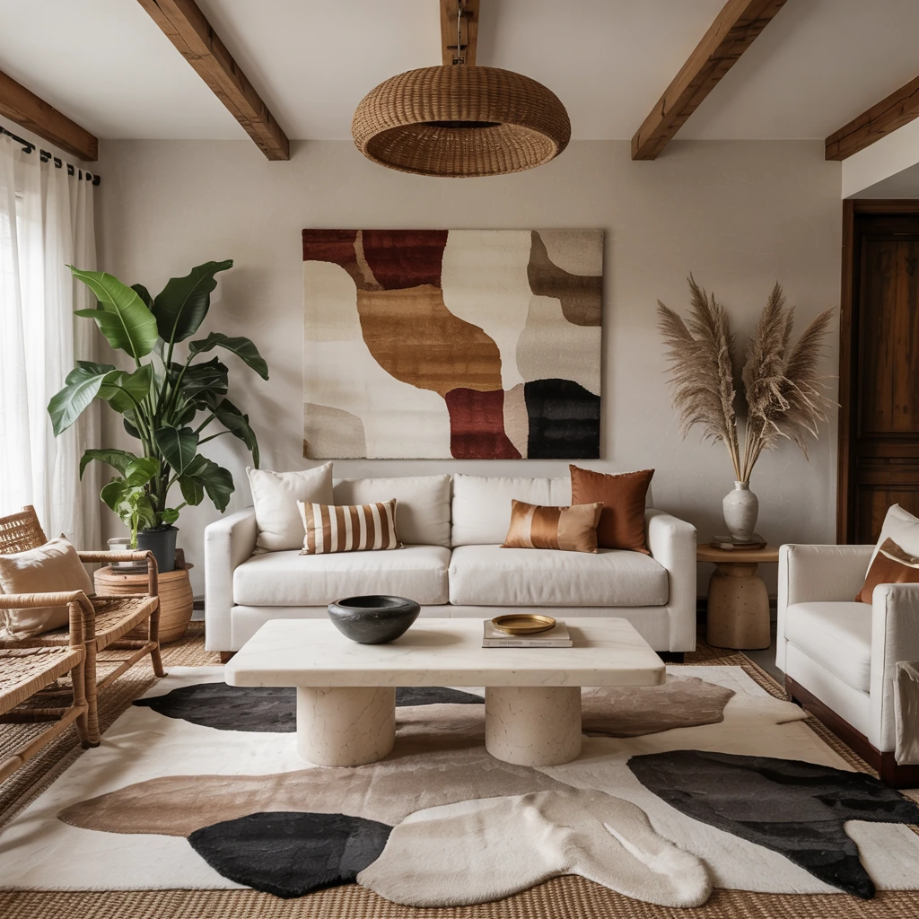 Earth-toned statement rug in living room