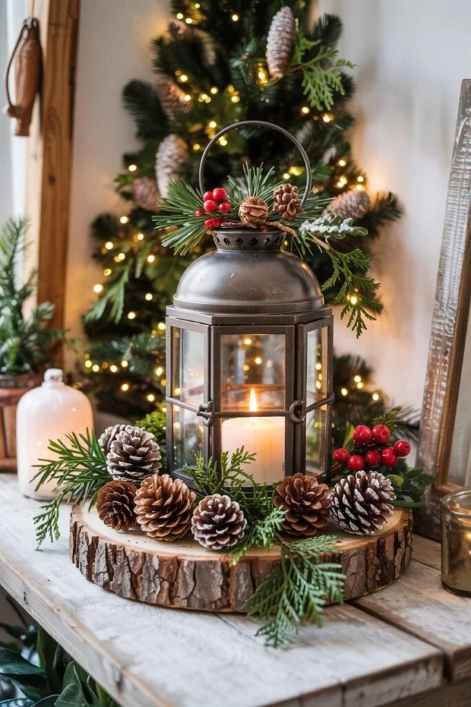 Lantern filled with pinecones and greenery