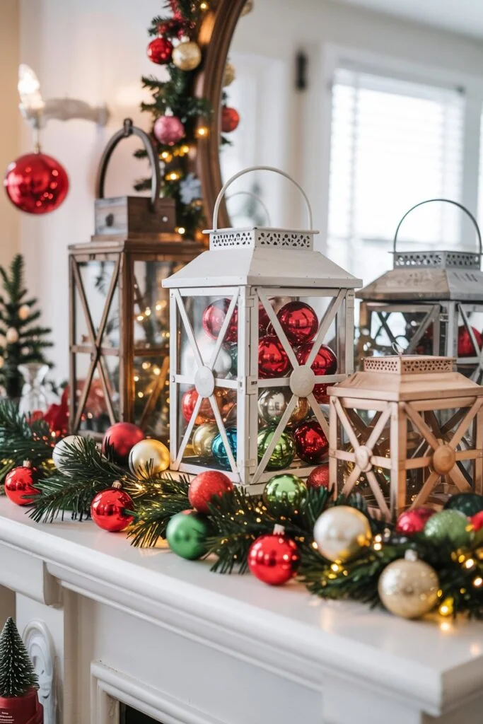 Lantern filled with colorful Christmas ornaments