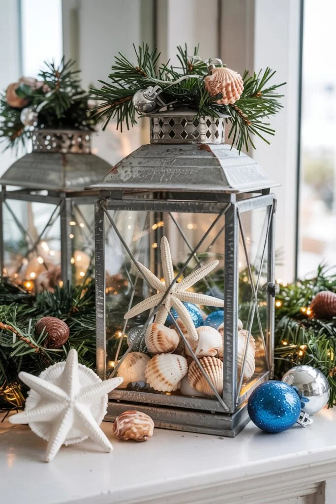 Coastal themed Christmas lantern with shells and starfish