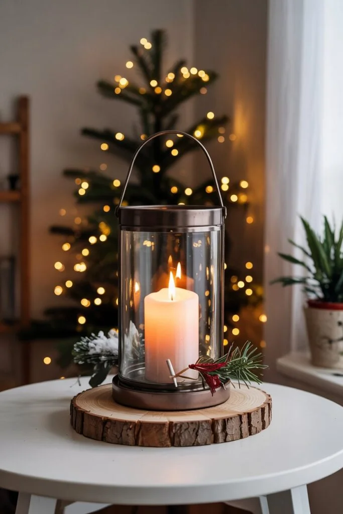 Simple pillar candle inside lantern