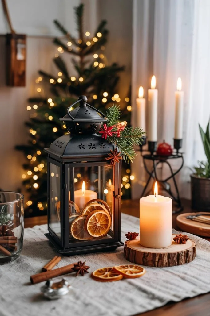 Lantern filled with dried oranges and spices