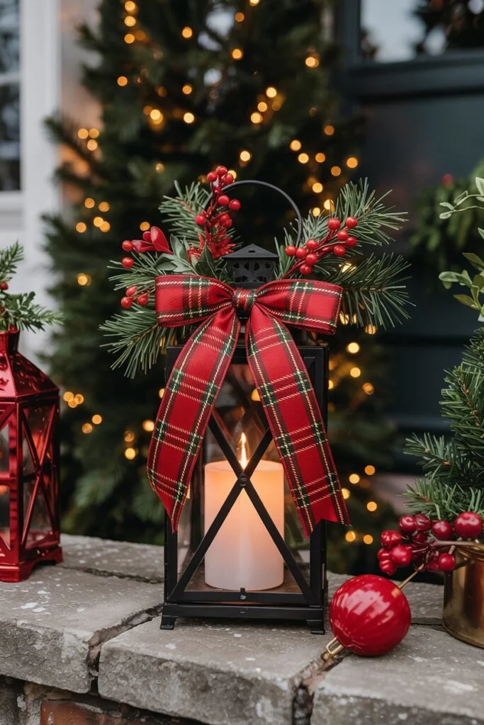 Lantern decorated with red bow and berries