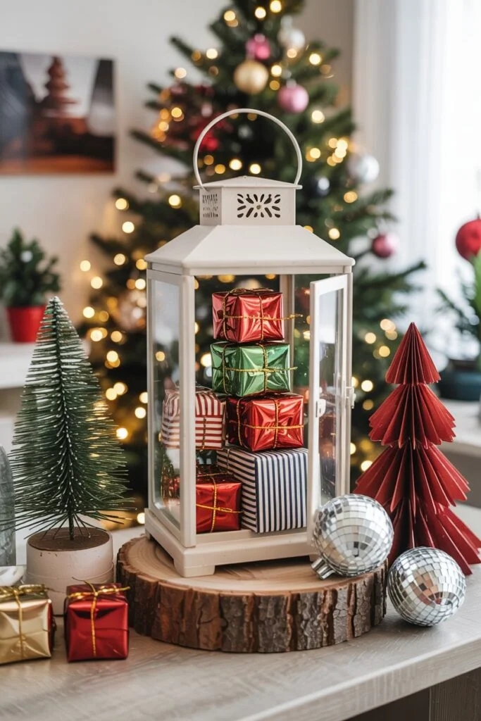 Lantern filled with small wrapped gift boxes