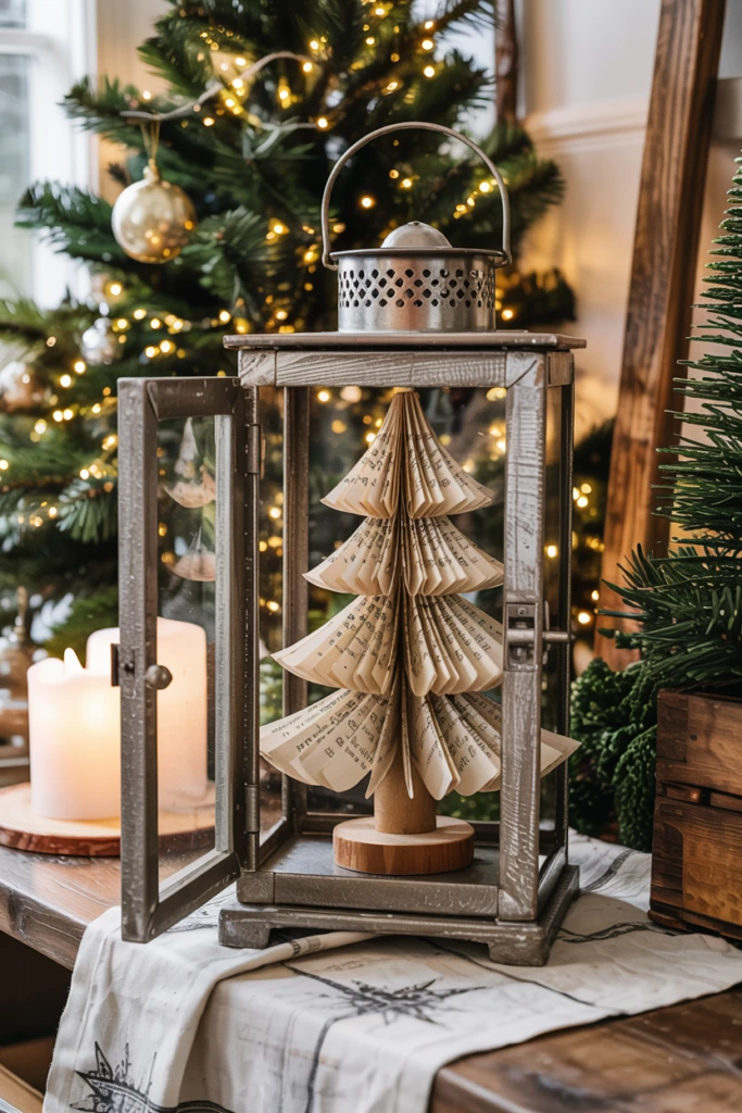 Lantern with a Christmas tree made from folded book pages