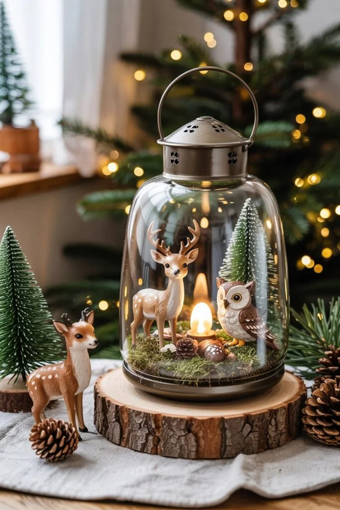 Lantern with miniature woodland animal figurines