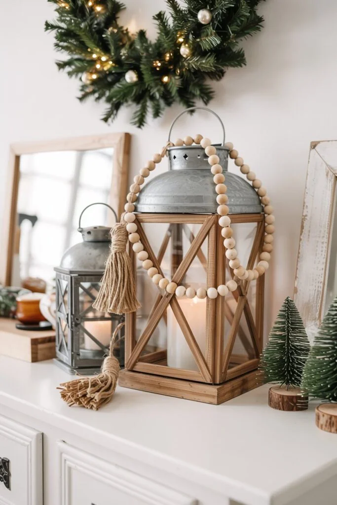Lantern decorated with wood bead garland