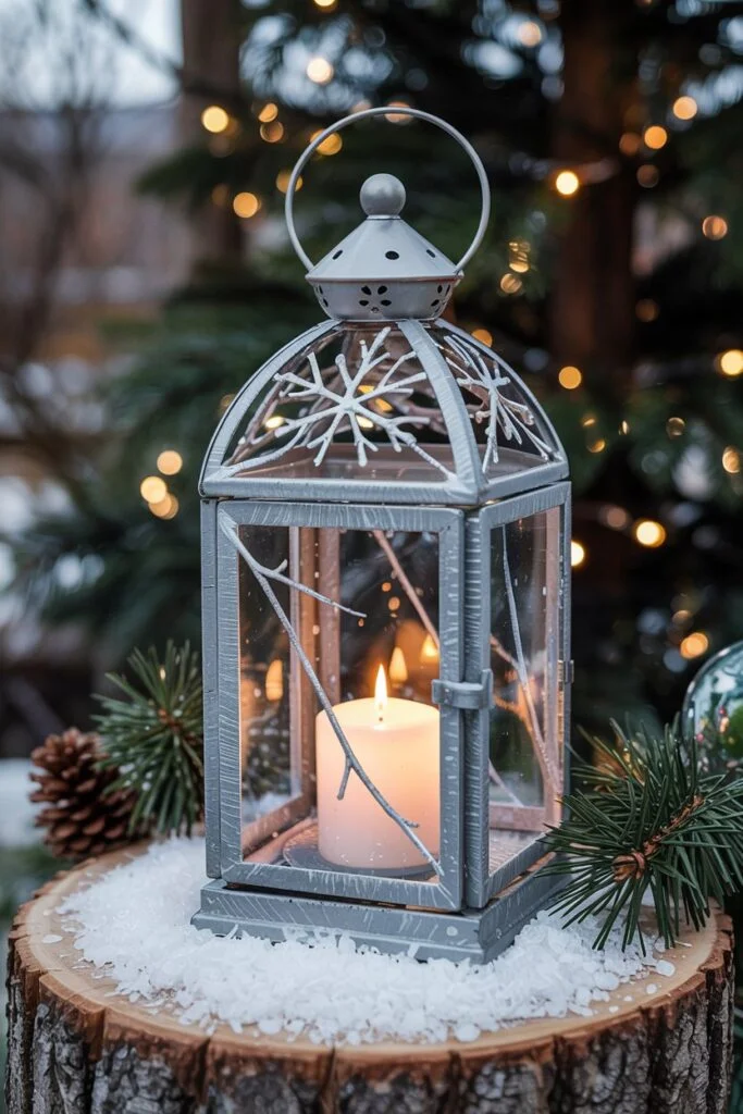 Lantern with icy branches and faux snow