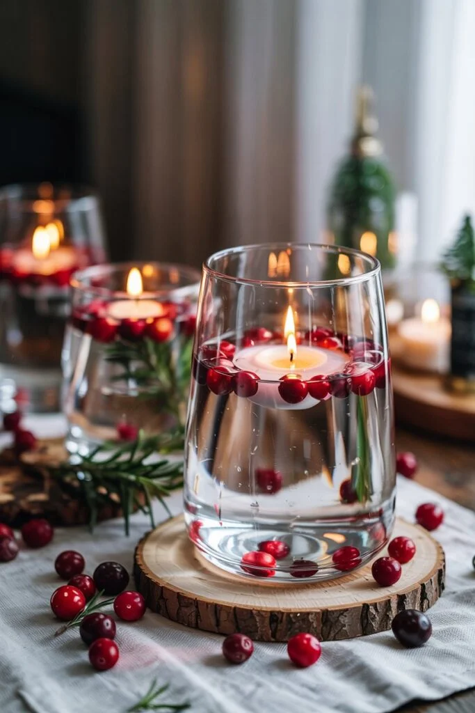 Glass lantern with floating cranberries and candle