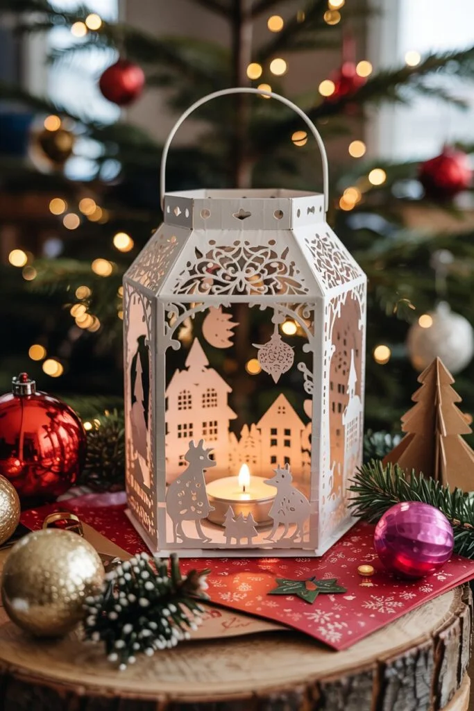 DIY paper lantern with holiday cutouts