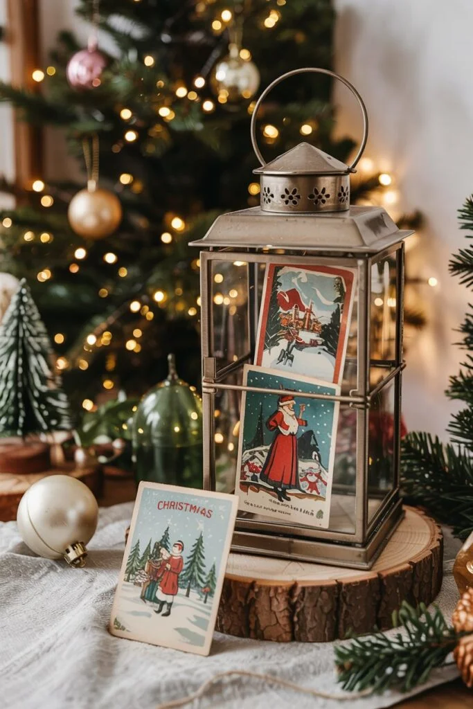 Lantern showcasing vintage Christmas postcards