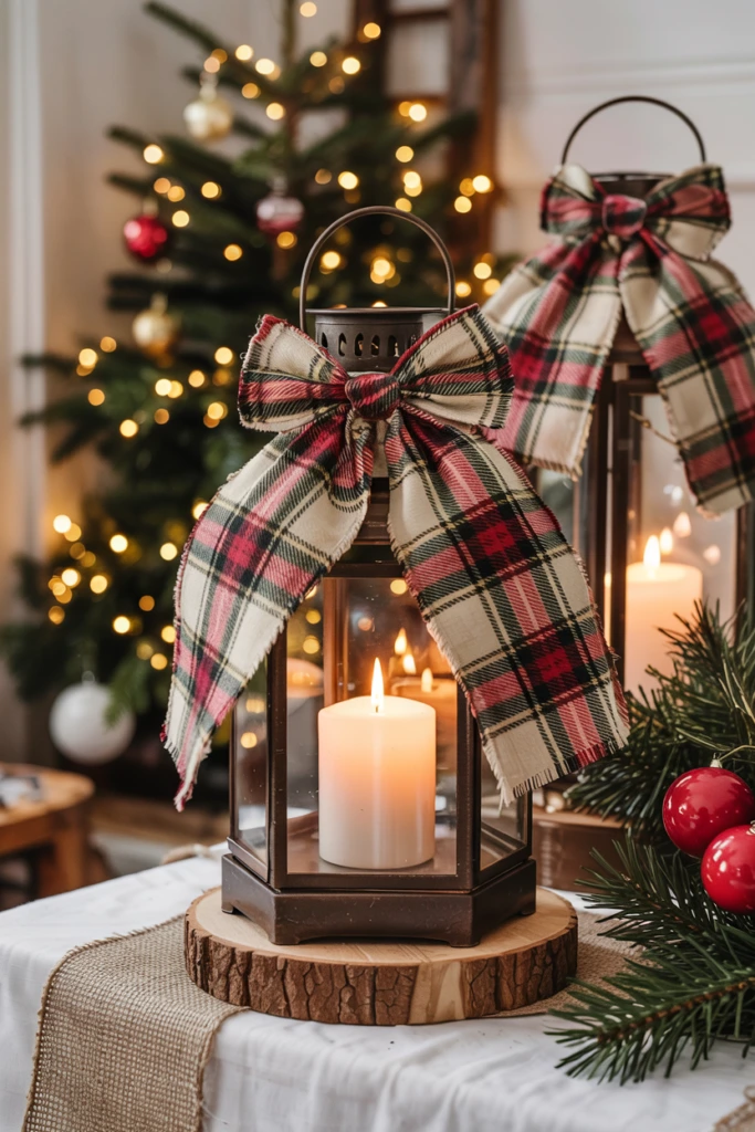 Lantern with plaid fabric lining and candle