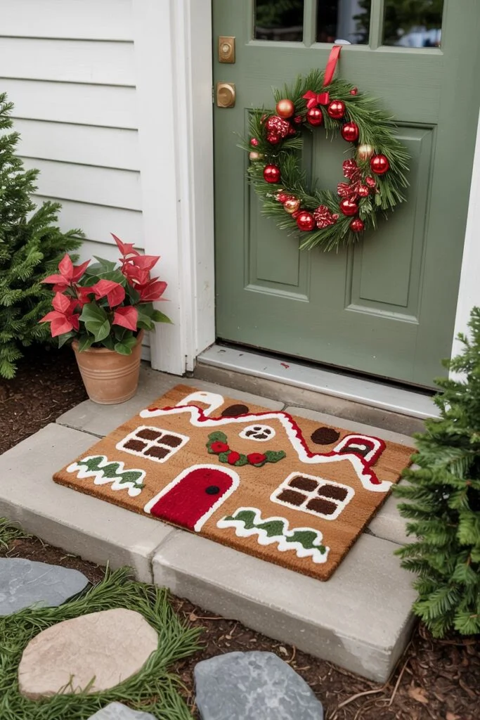 Gingerbread House Hooked Door Mat