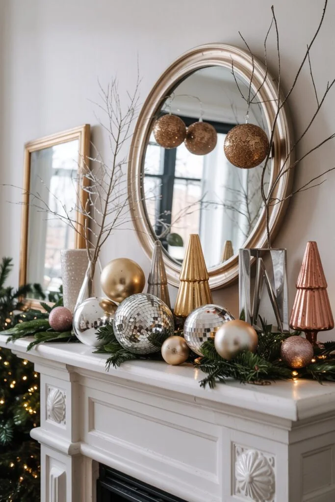 Metallic Ornaments on Mantel