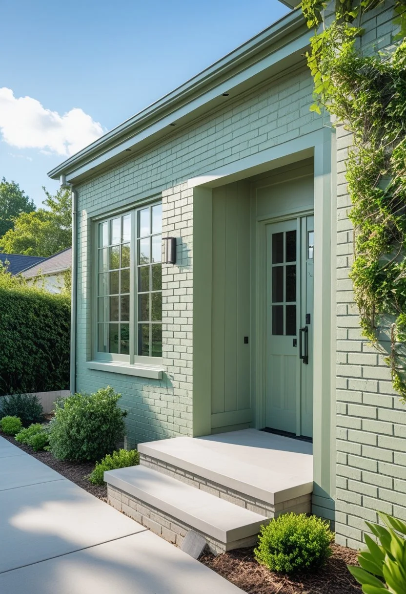 Sage green painted brick exterior