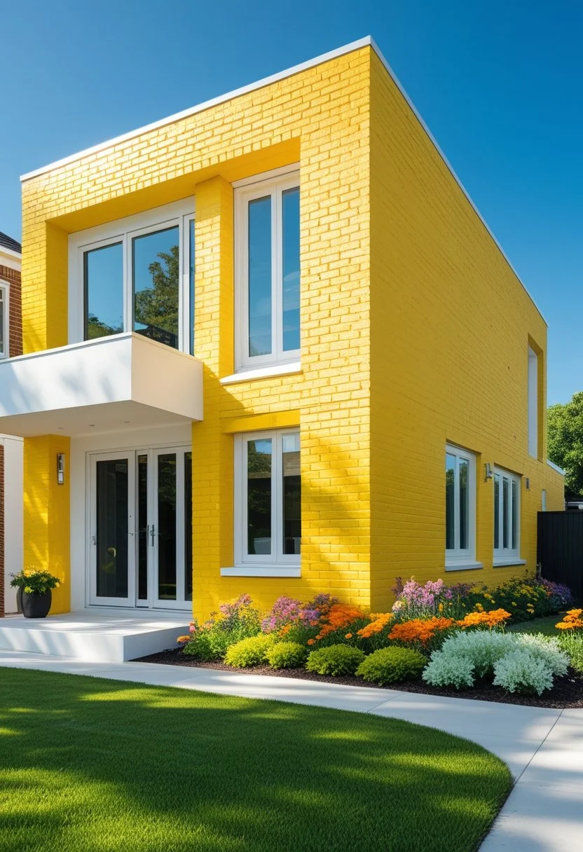 Sunflower yellow painted brick exterior
