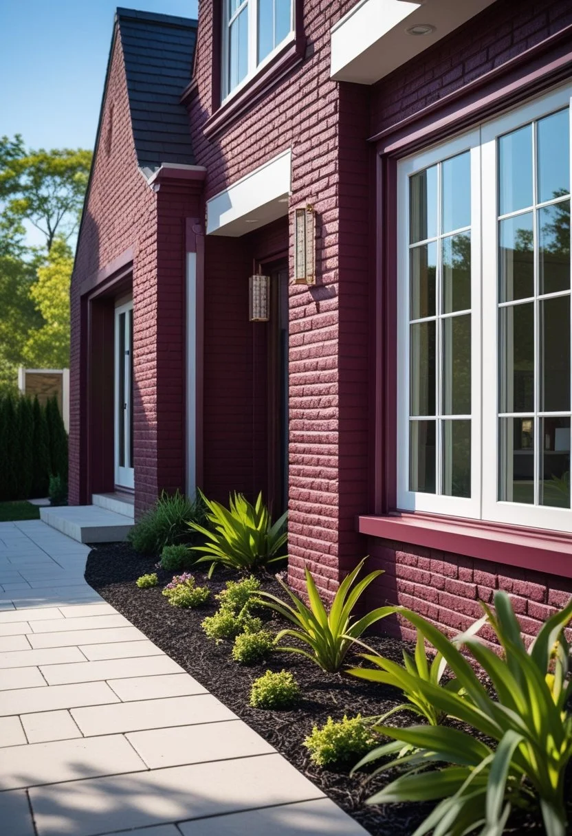 Deep burgundy painted brick exterior
