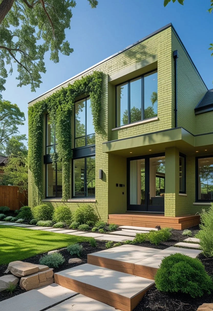 Olive green painted brick exterior
