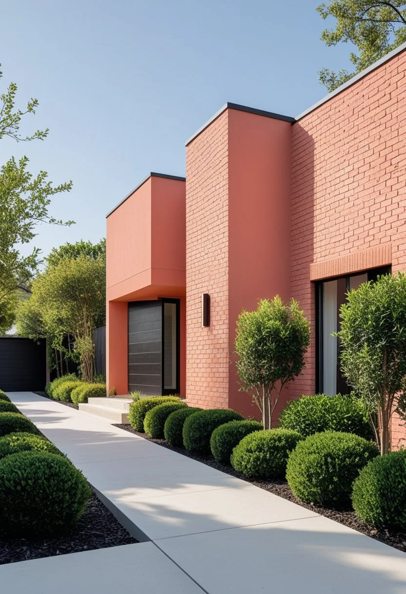 Muted coral painted brick exterior