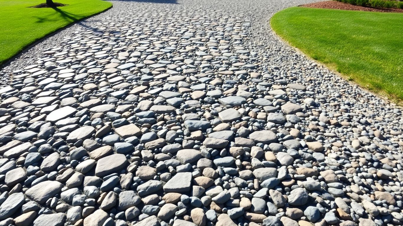 Driveway with pea gravel and river rocks