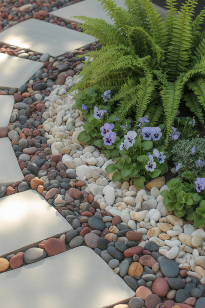 Colorful mixed river rock garden