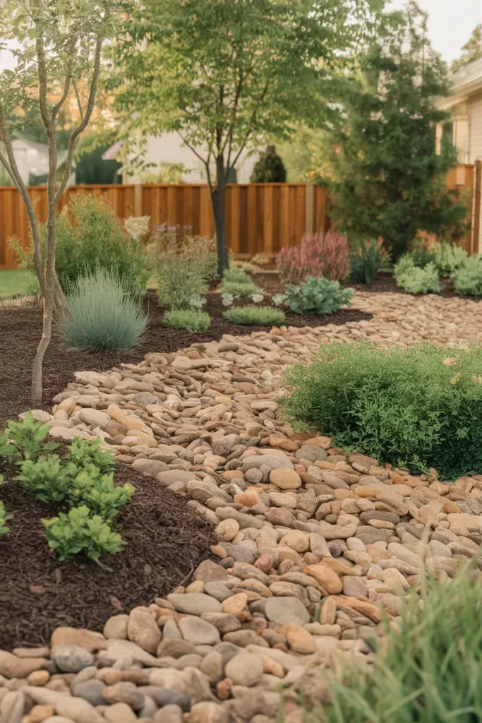 River rock mulch in garden