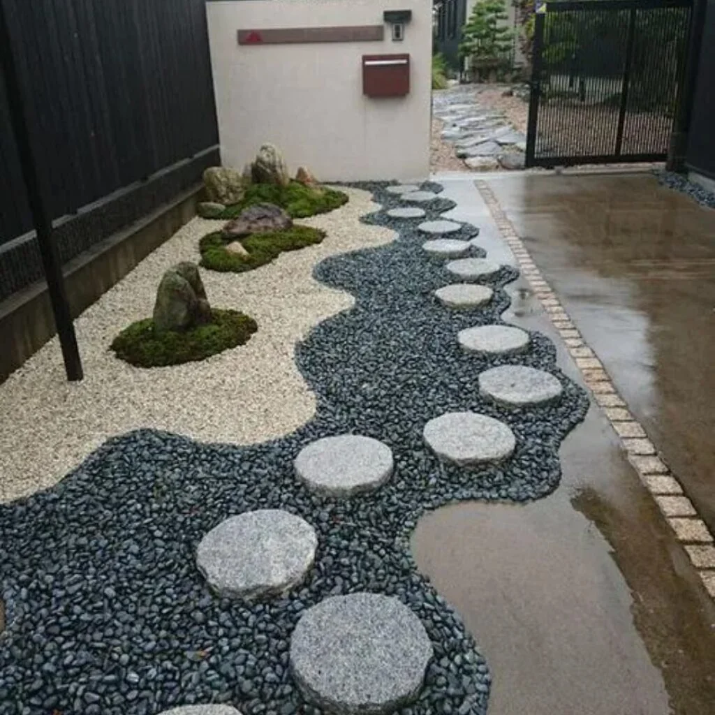 Zen garden pathway with river rocks
