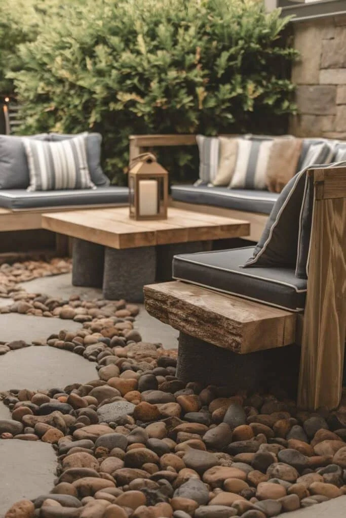 Outdoor seating with river rocks