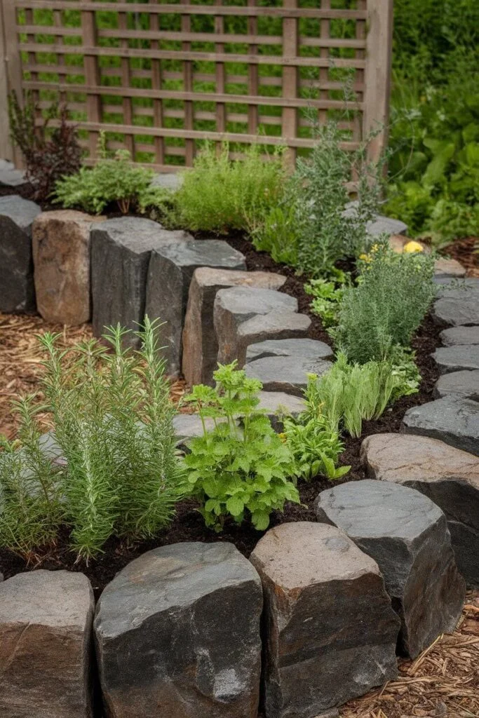 Spiral herb garden with river rocks
