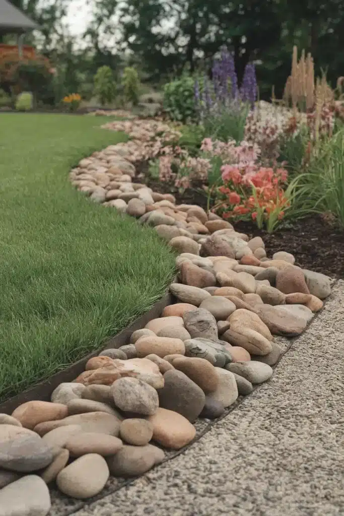 River rock lawn edging