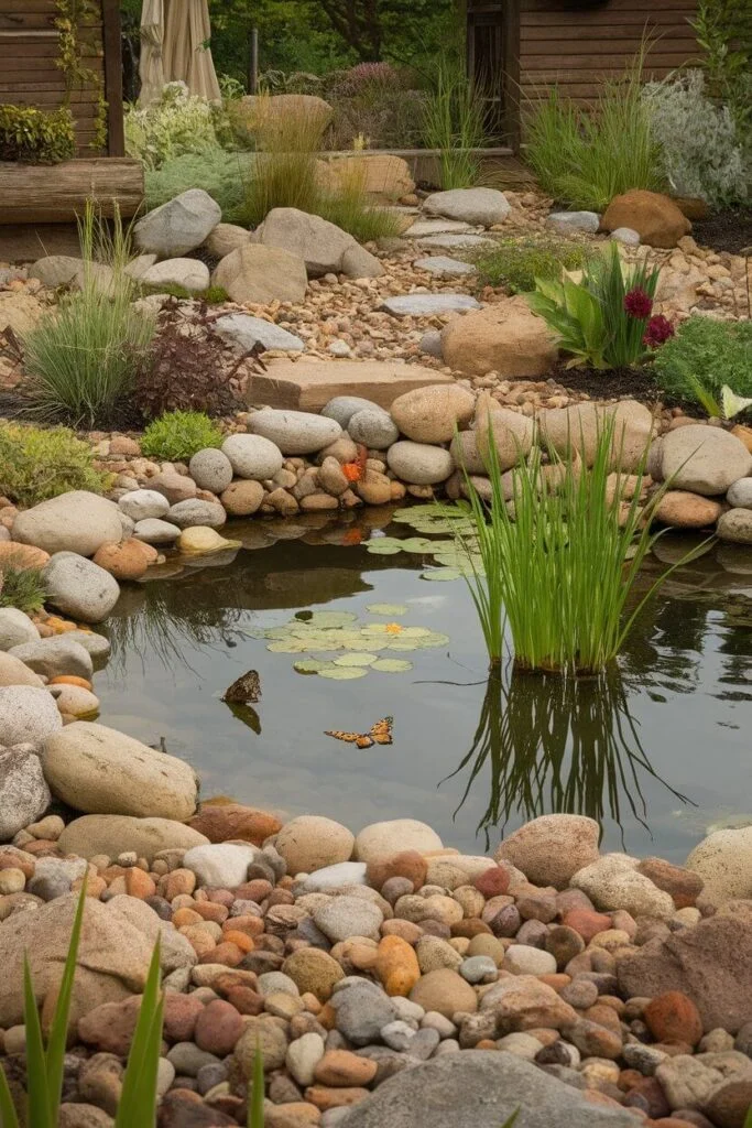 Wildlife pond access with river rocks