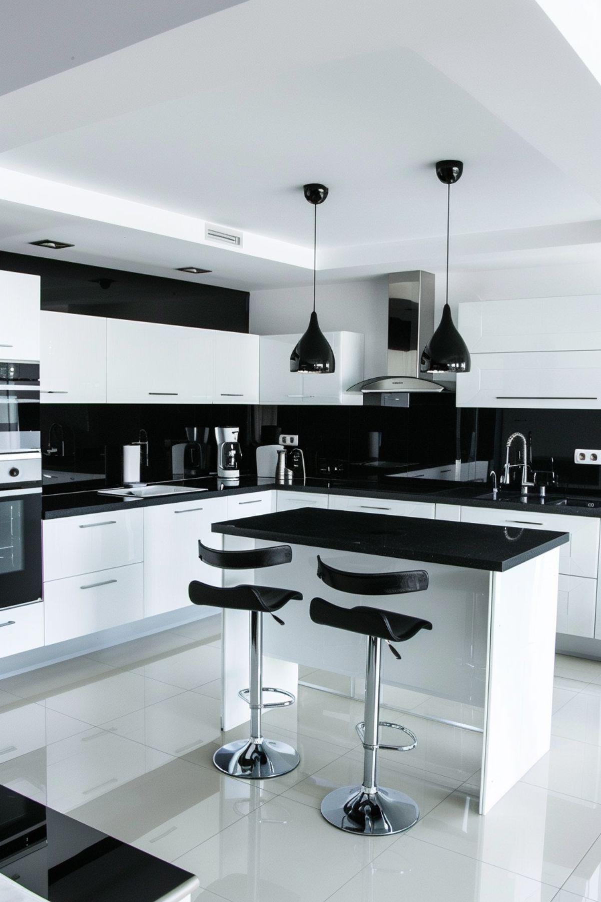 Modern minimalist black and white kitchen.