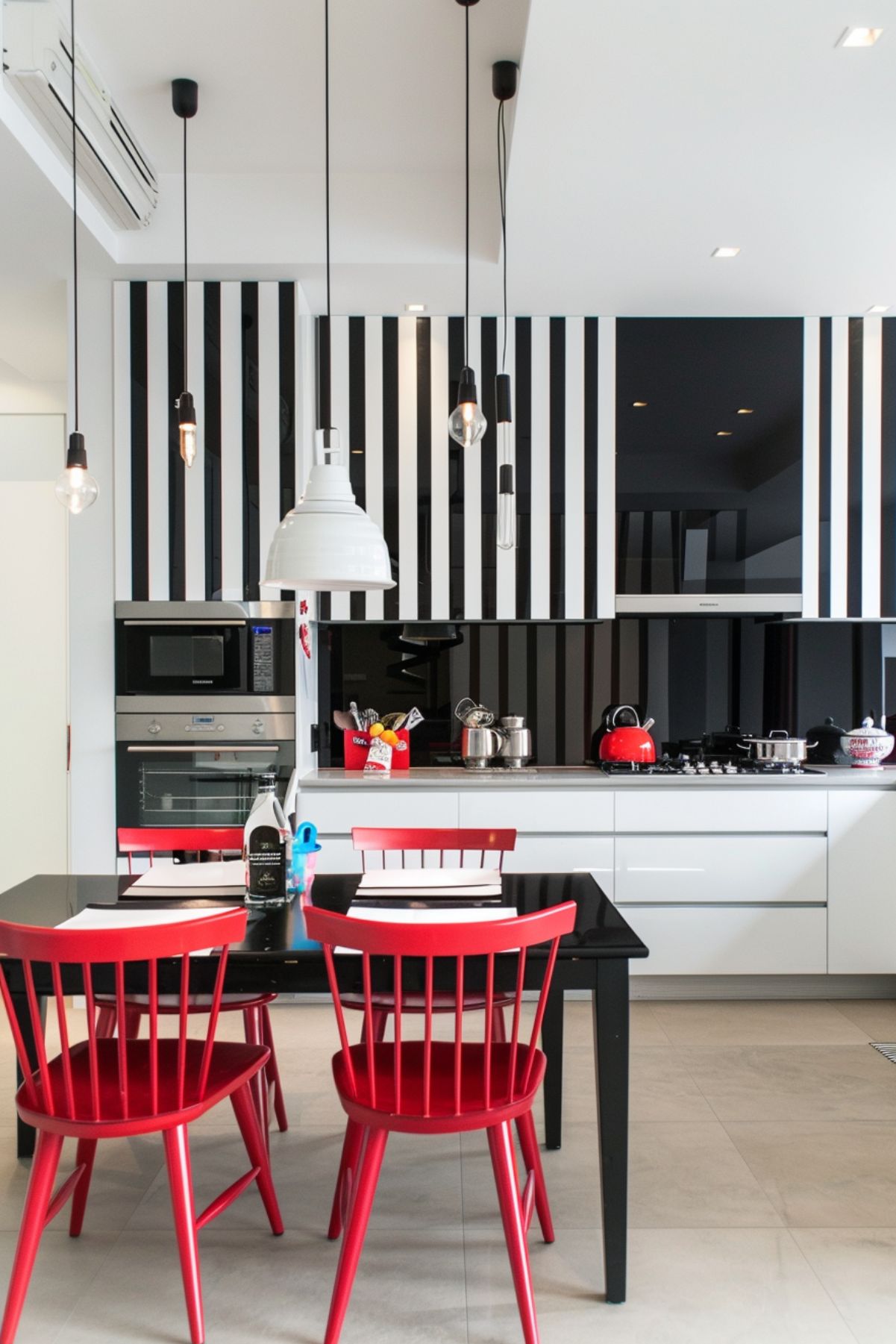 Kitchen with black and white striped wallpaper and black table with red chairs.