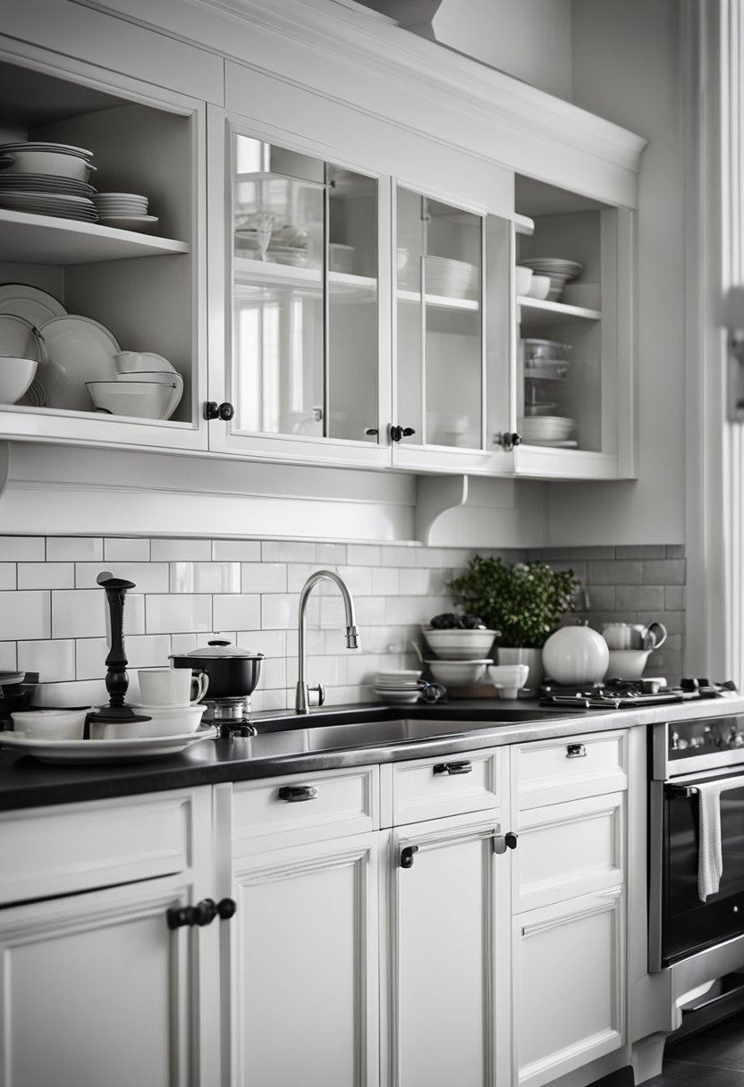 Simple white kitchen with black countertops.