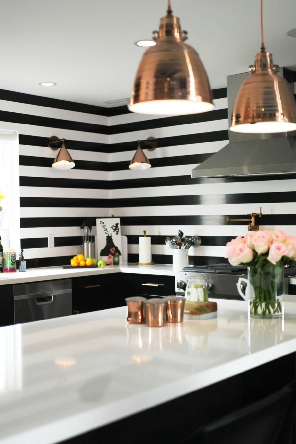 Kitchen with black and white horizontal striped walls and brass pendant lights.