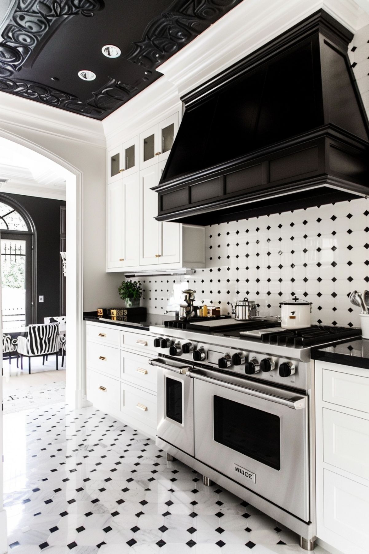 Large open black and white kitchen with matching floor and backsplash.