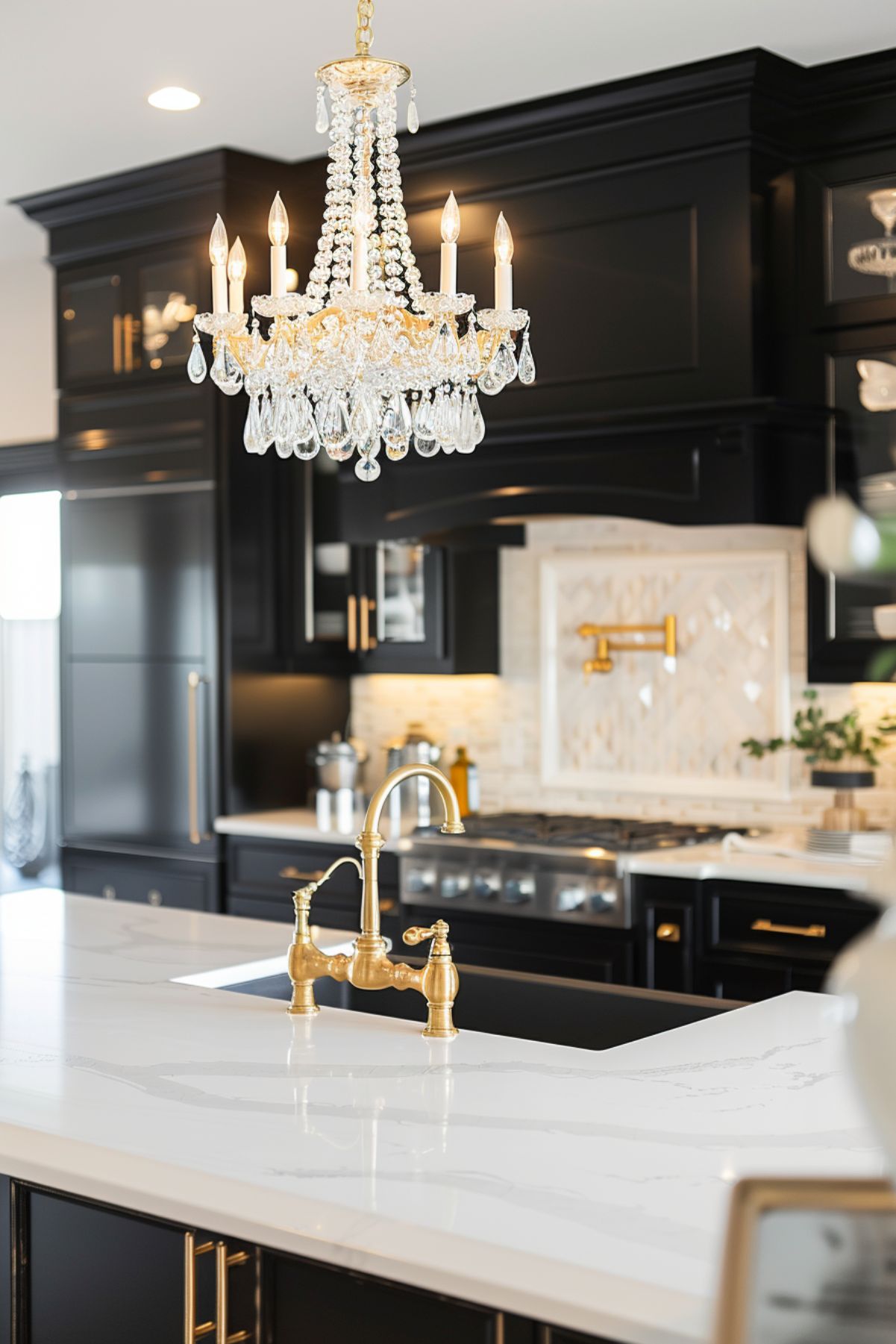 Black and white kitchen with crystal chandelier and gold fixtures.