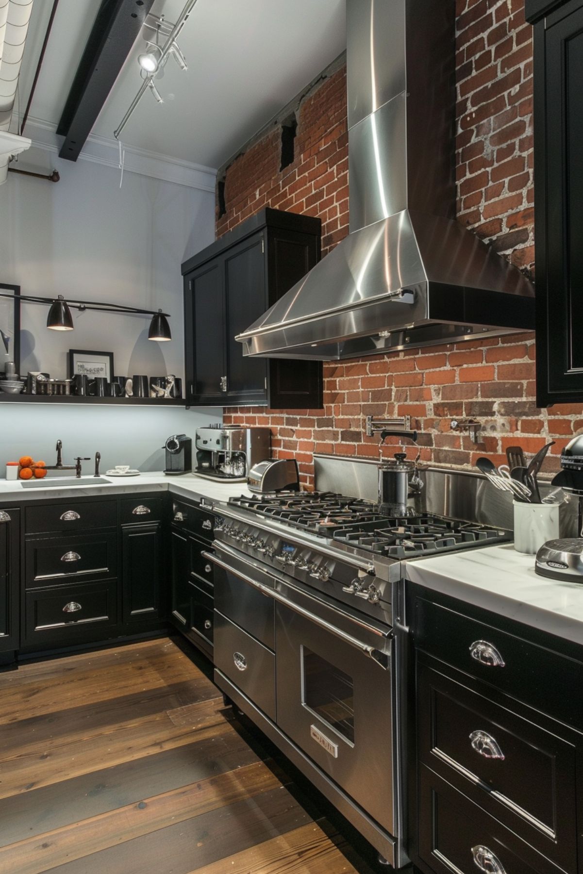 Black and white kitchen with brick wall behind the oven.